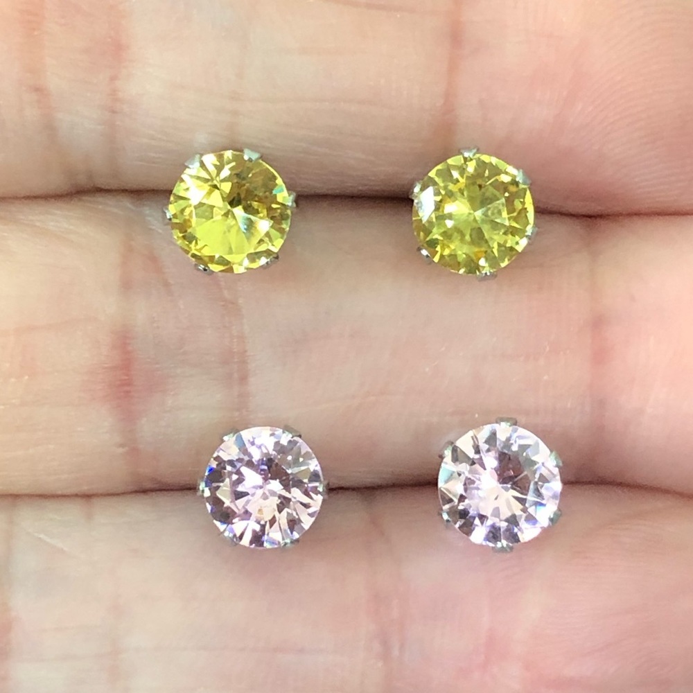 Citrine Yellow & Pink Tourmaline 6mm Stainless Steel Stud Earrings NWT